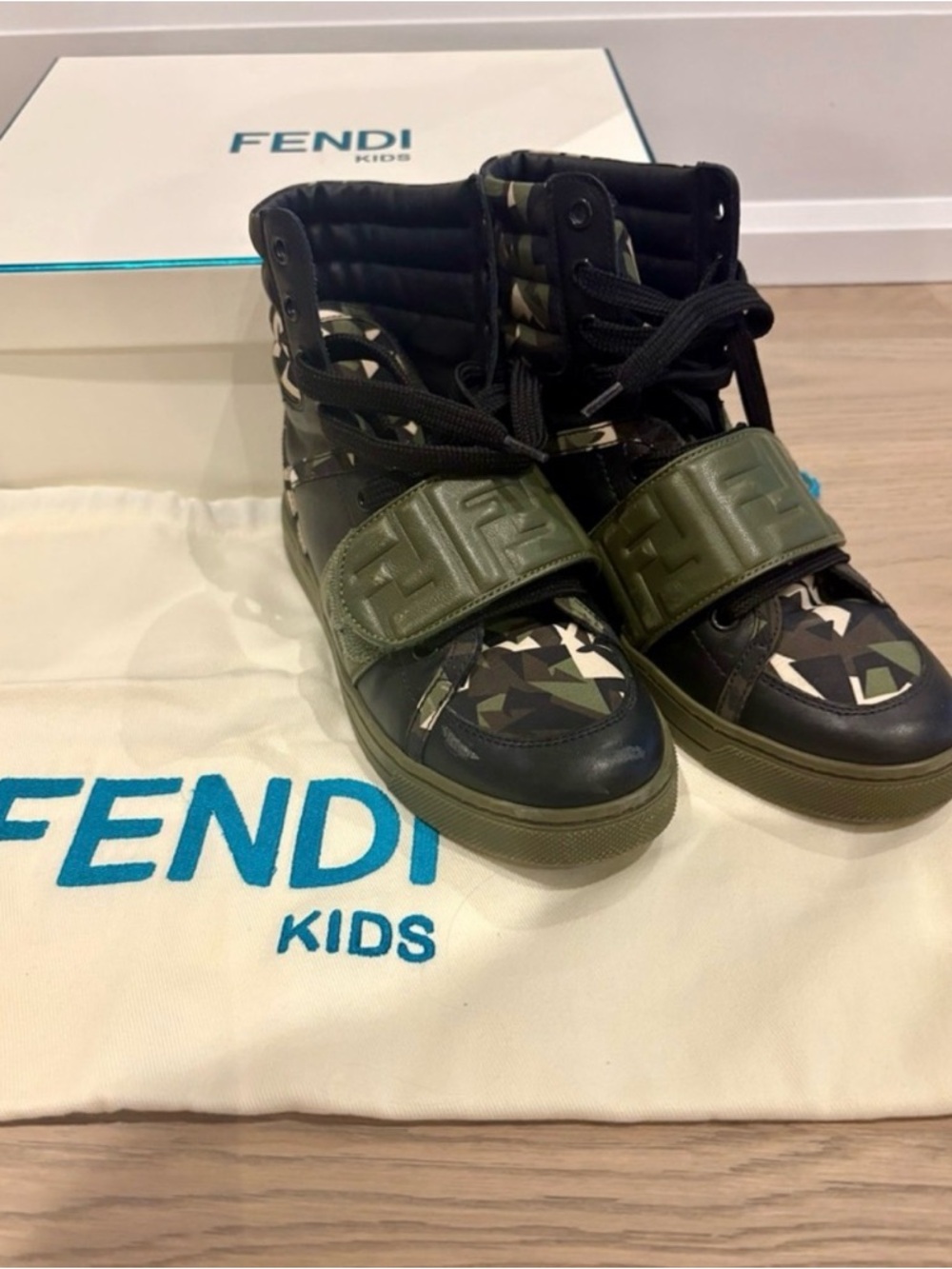 Fendi Kids High-Top Sneakers | Camob FF Strap | Black & Olive | Size 32 kids
